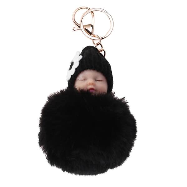 Sovande Bebisdocka Nyckelring Pom Pom Fluffig Nyckelring Hängande Smycke Present (Svart) IC