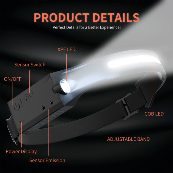 IC USB-oppladbart LED-hodelykt, bevegelsessensor hodelykt