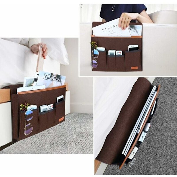 Sofa Armlænsorganisator, Armstol Opbevaringspose med 5 Lommer, Stolebetræk til Fjernbetjening, iPad, Magasin, Briller (Brun), af DEBUNS
