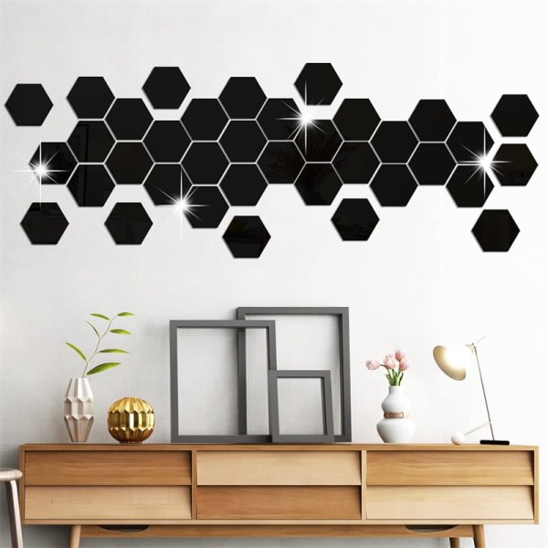 36. 3D-spegel vægdekal Hexagon akryl for hem soveværelsesinredning sort
