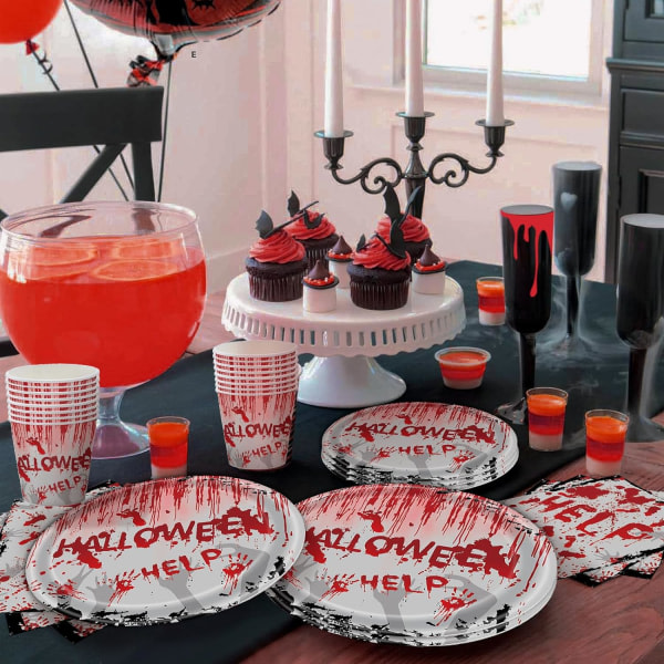 IC Halloween-festtallrik og sett 96 deler Bloody-tema porslin Halloween blodiga papperstallrikar for halloween-festbordsdekorationer, 24 gjester