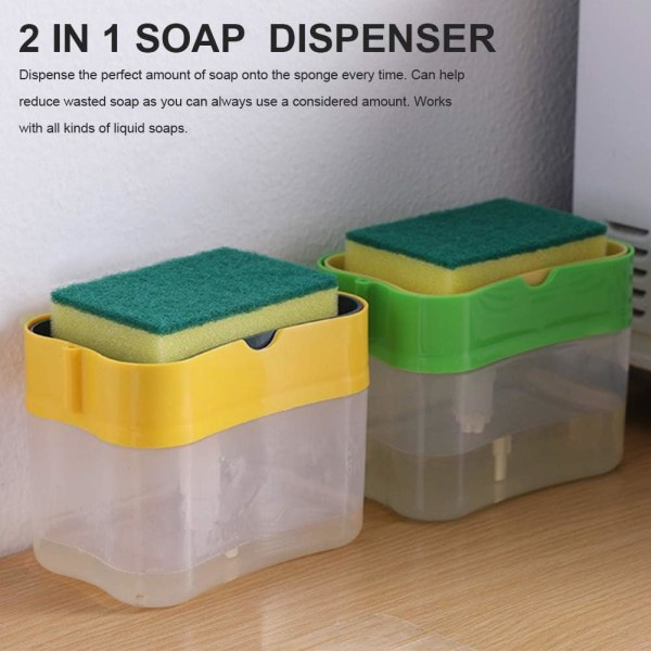Oppvaskmiddeldispenser med svampestativ, 2 i 1 manuell trykk