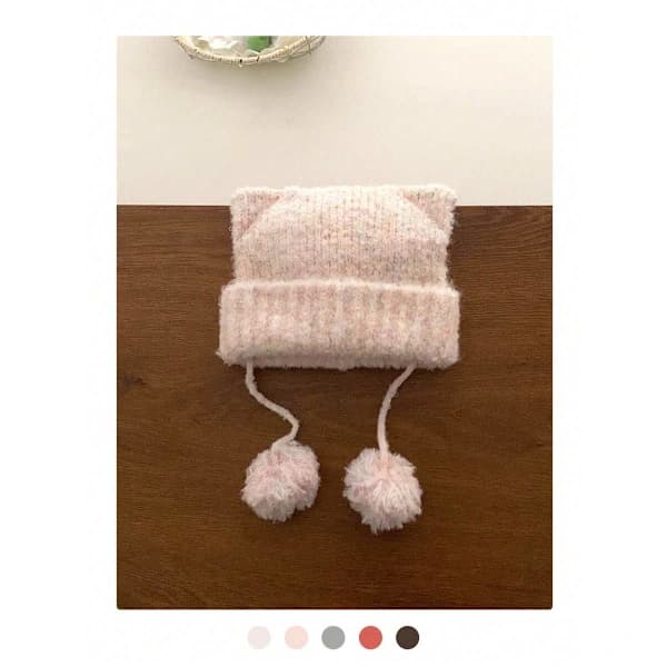 Söt Stickad Mössa med Kattöron - Pom-Pom Band & Uppvikt Kant Varm Vintermössa grå grey