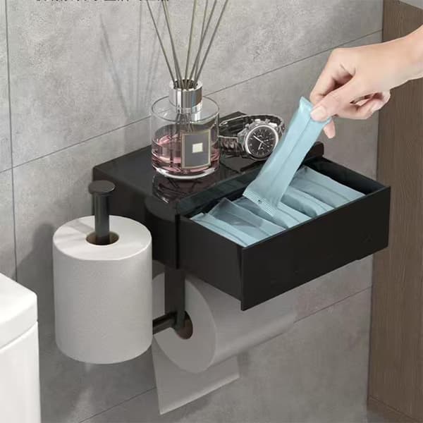 Trywise Toiletpapirholder med Opbevaringsskuffe - Vægmonteret med Hylde og Rum til Vådservietter - Til Badeværelset - Sort