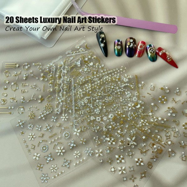 IC 20 ark 3D Nail Art Stickers, Guld/Diamond Design Lyxiga Nail Selvhäftande Dekaler Anpassade metalliska Nail Stickers for women