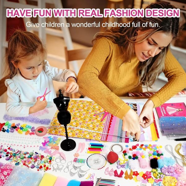 Modedesign-kit för flickor med 500+ delar DIY-pysselset, 4 provdockor, sömnadsfritt kit för att skapa 70+ outfits, present för barn i åldern 6-12 år