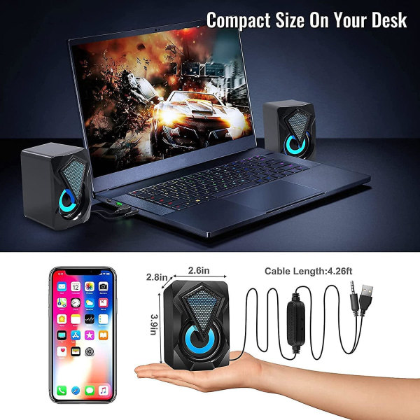 Mini PC-högtalare, RGB-dator, USB 2.0 Gaming Stereo System Volymkontroll Med LED-ljus 3,5 mm