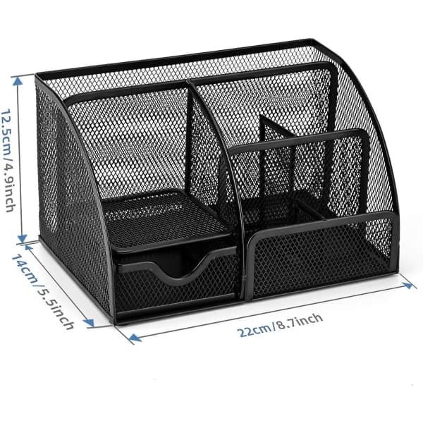 Multifunksjonell skrivebordsorganisering, enkel mesh-arrangør, skyveboks, plassbesparende pennholder (svart)