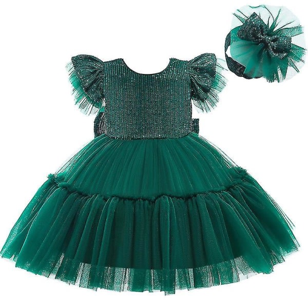 Tjejer Prinsessklänning Paljettbåge Flugärm Staring Dress Barn Halloween Grön 100cm