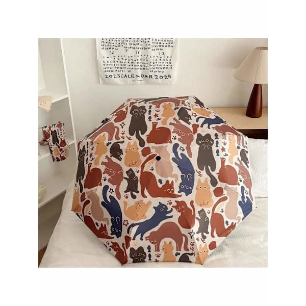 Thick Black Lining Blocks 99% UV, - Modern Abstract Cat Printed Automatic Umbrella - 3-fold Portable Design, - Fiber Composite Automatic Umbrella Metal-fiber Composite