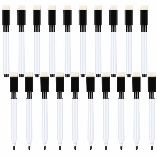 20 stk. små whiteboard-penner - sorte whiteboard-markeringspenner med viskelær, fin spiss whiteboard-penn for barn (sort)