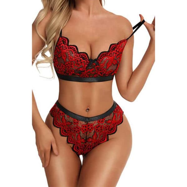 Dameundertøy 2 stk Sexy Blomstret Spetsbikini & Truser Vinrød M