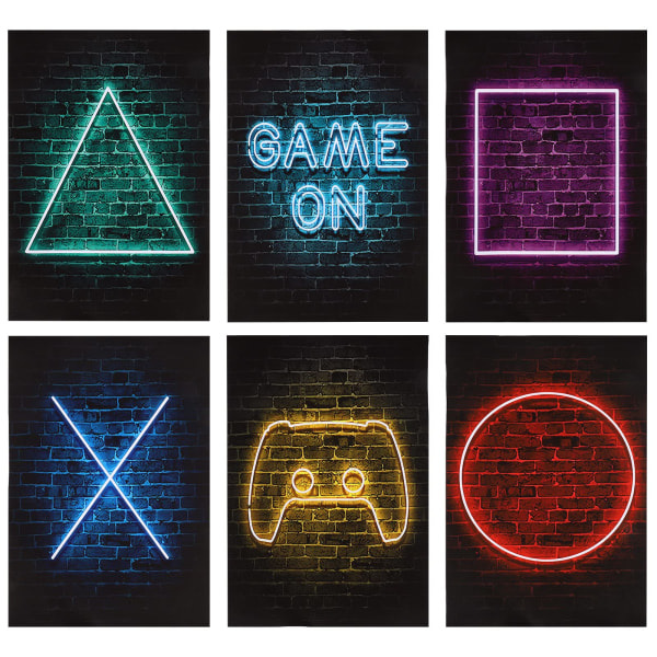 IC Spelaffischer 30x40cm, set med 6 väggkonsttryck (print) med neon