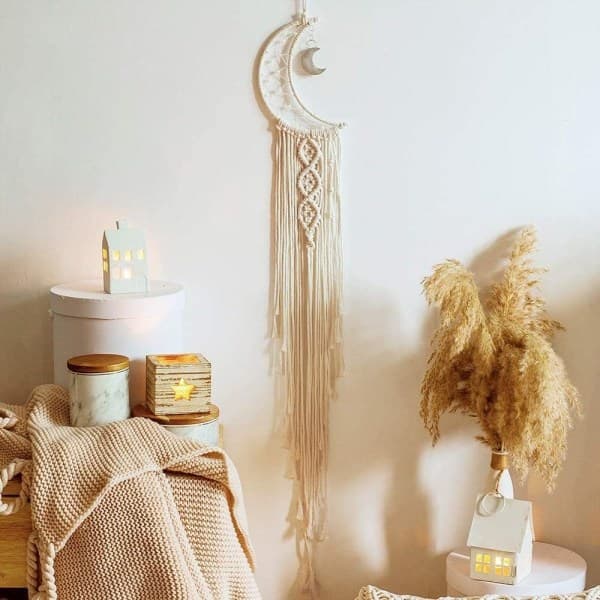 IC NOE Macrame Väggbonad Måne Drömfångare med LED Ljus