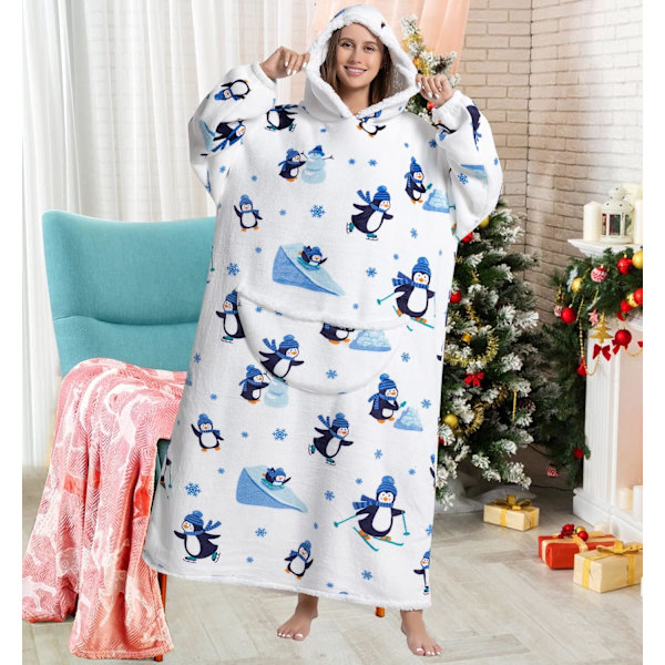 Hettegenser Oversized Sherpa Varm Vinterteppe Lengre og Tykkere Hettegenser Nattkjole Pyjamas for Menn Kvinner, Pingvin, One Size