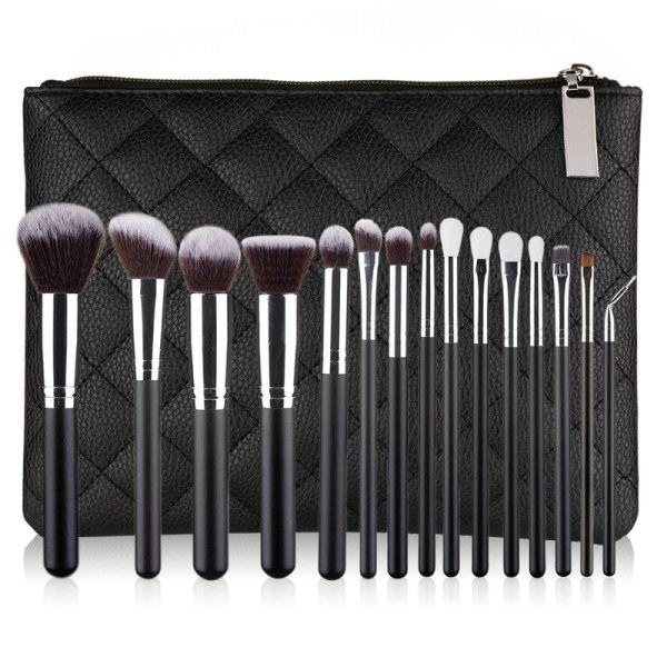 Resesminkbørster sæt 15 stk Makeupbørstesæt med taske Kabuki Foundation Blending Blush Eyeliner