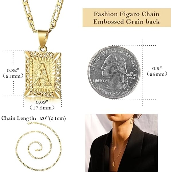 IC Initial Hængende Halskæde til Mænd Kvinder, 26K Guldbelagt Firkantet Monogram Halskæde Alhpabets fra A-Z Figaro Kæde Halskæde