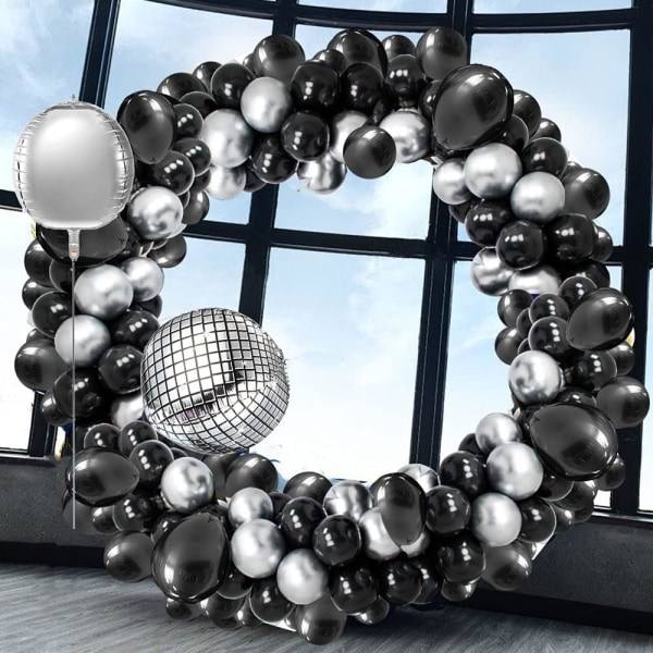 IC Svart Silver Ballong Girlang Båge Kit, Svart Silver Metalliska Ballonger 4D Disco Folieballonger med 16 Ft Strip för Bröllop