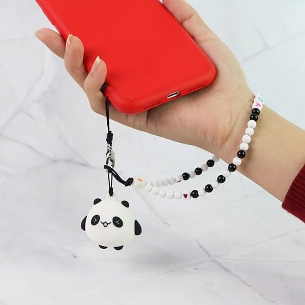 IC 2st parets telefonsnodd Handledsrem Anti-förlorad sjarm Panda tegnet nøkkelring Kawaii Akrylpärlor Nøkkelbånd for pojkar Flickor Svart