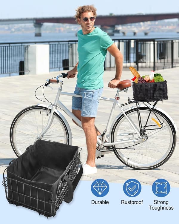 Bagagekurv til cykel, foldbar metalkurv med stor kapacitet og quick release, til indkøb, kæledyr og daglig cykling, sort