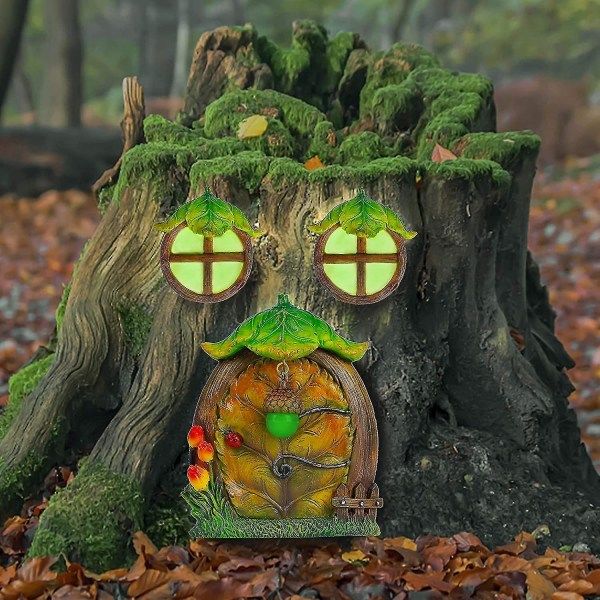 IC Miniatyr Fe-Gnome Dør & Vindue Til Træ Dekoration, Glow In The Dark Fe-Sovedør