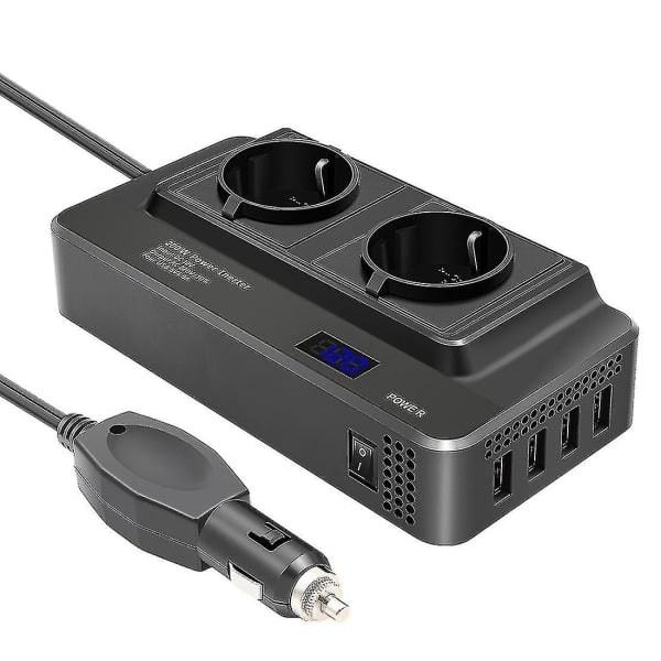 200W auton invertteri, jännitteenmuunnin 12V - 220V älykkäällä LCD-aikakellolla, 2 pistokkeella ja 4 USB C-portilla