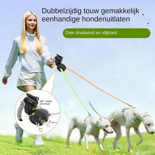Infällbart dubbelt hundkoppel för två hundar, 360° trasselfritt med LED-ljus, reflekterande och avfallspåsedispenser för nattpromenader