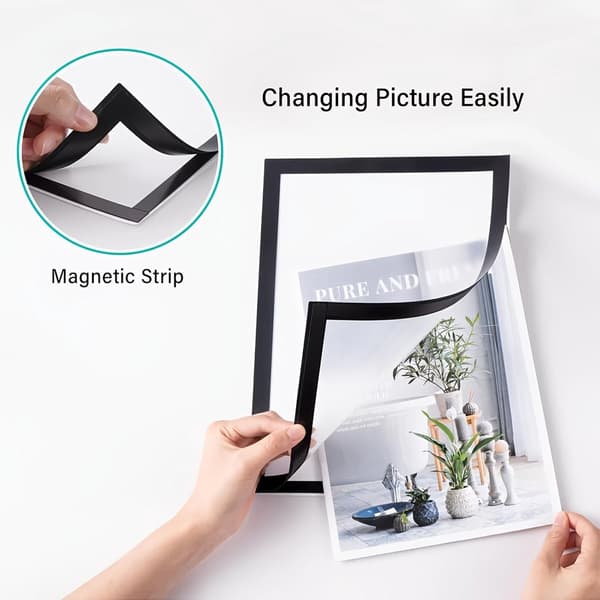 3-pack A4 magnetiska självhäftande bildramar för vägg, mattsvarta plastfotoramar och dokumentramar, vertikal minimalistisk väggdekor