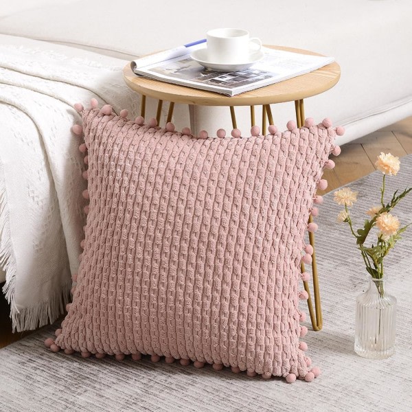 2-pack Dammrosa Dekorativa Kuddfodral 18x18 tum med Pompoms för Soffa, Sovrum, Vardagsrum, Farmhouse Boho Heminredning 45x45 cm