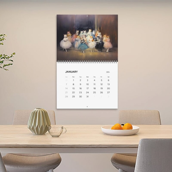 2024 Søt Ballerina Katt Veggkalender - Elegante og morsomme kattkalendere for kontor og hjem - Tykt og robust papir Blå Katt