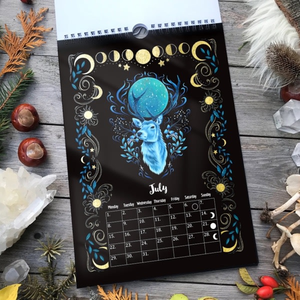Månekalender 2024 - Mørk Skov Lunar Kalender Væghængende Kalendere med 12 Illustrationer, Månedsplanlægger, Gothic Witch Lunar Gave til Venner