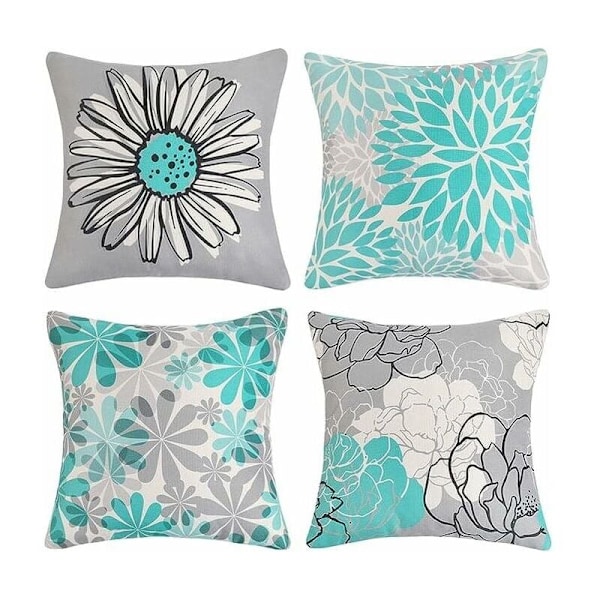 Set med 4 st Utekuddöverdrag, Vattentäta Linnekuddöverdrag med Solrosor för Uteplats Trädgård Vardagsrum Sovrum Dekoration (45 x 45 cm, Grön), DEBUNS