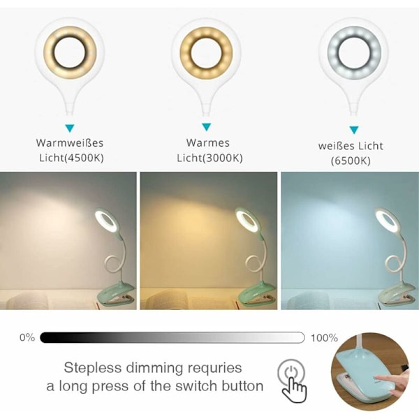 LED Läslampa Klämlampa Skrivbordslampa för Barn med Flexibel Hals USB Uppladdningsbar e-läsare Studier Arbete, Blå
