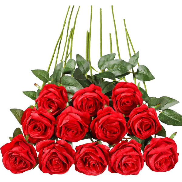 Set med 12 konstgjorda rosor Deco falska sidenblommor Enkel stjälk realistisk blomma (rød) röd