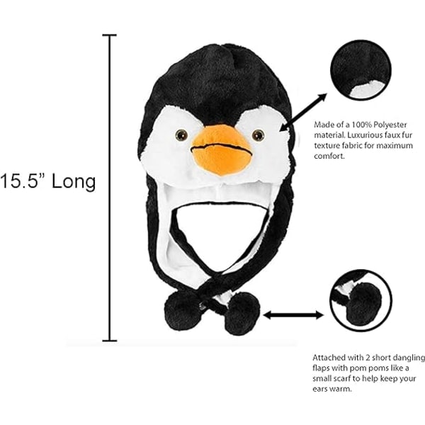 IC Pingvin Plysjdyr Vinter Ski Hat Pilot Style Vinterhue (kort) Sort/hvid