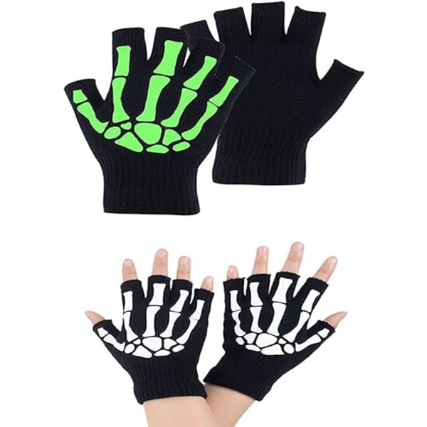 IC 2 par Halloween Skeleton Bone Unisex handskar New Punk Fingerless Gloves Glow in The Dark Stretch Stickade vintervantar, svarta