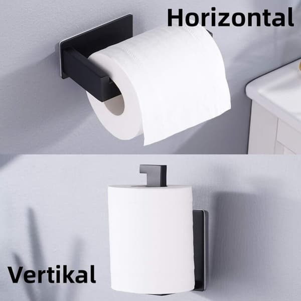 Selvklæbende toiletpapirholder uden boring, rustfrit stål med 4 håndklædekroge til badeværelse, køkken, sort