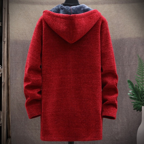 Långærmad luvtröja i fleece for män Vinter Varm Casual Coat Jacka Wine Red XL