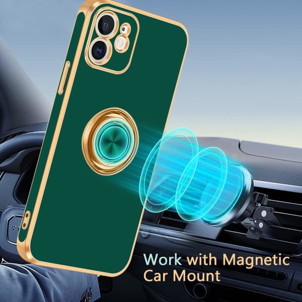 IC iPhone 12-etui, iPhone 12-etui med ringholder, [360° roterbar ringholder magnetisk støtte] , midnattsgrøn/guld