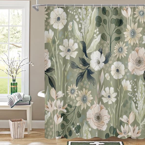 Dusjforheng, Anti-mugg Vaskbart, Grønt Blomstermønster, 180x200 cm, Bad