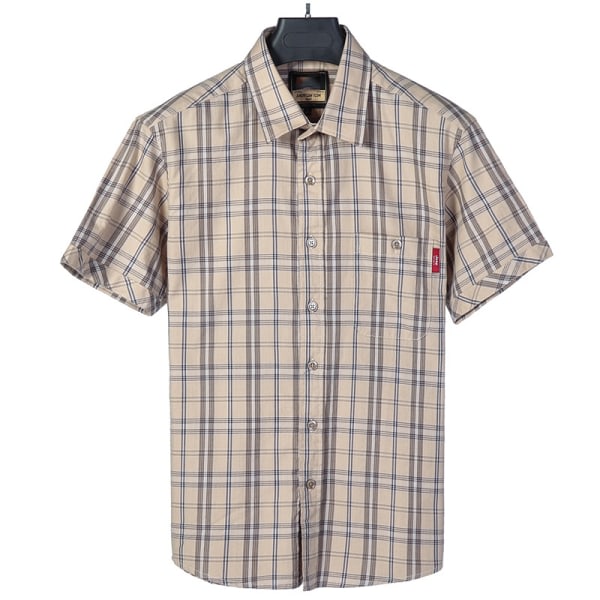 Slim-Fit kortärmad skjorta för män, normal passform klassisk rutig skjorta Khaki L