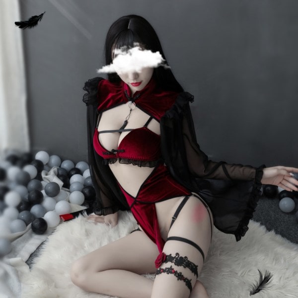 IC Mörk retro häxa sexig ihålig sidenärm Cheongsam underkläder set Vinröd