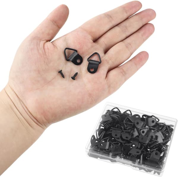 100-pack bildhängare i stål med 100 skruvar, triangulära D-ringshängare för ramar, speglar, klockor och väggkonst, svart