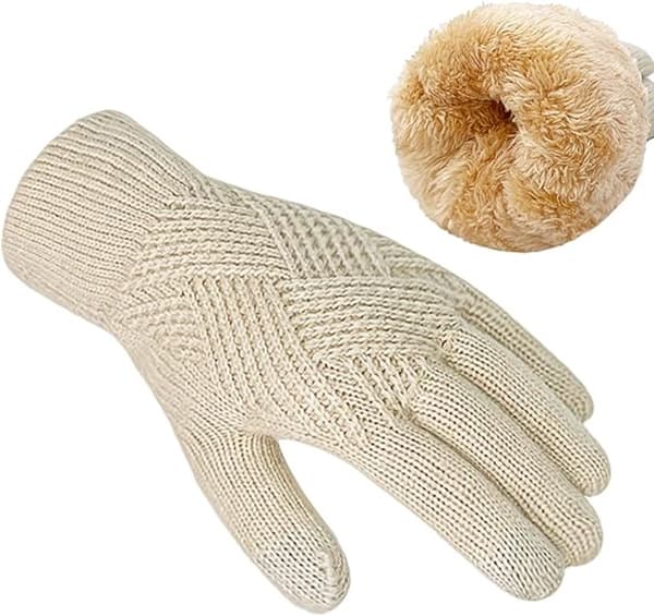 Stickade vinterhandskar för dam med pekskärmsfunktion, varma handskar med termiskt fleecefoder för bilkörning och löpning i kallt väder, beige