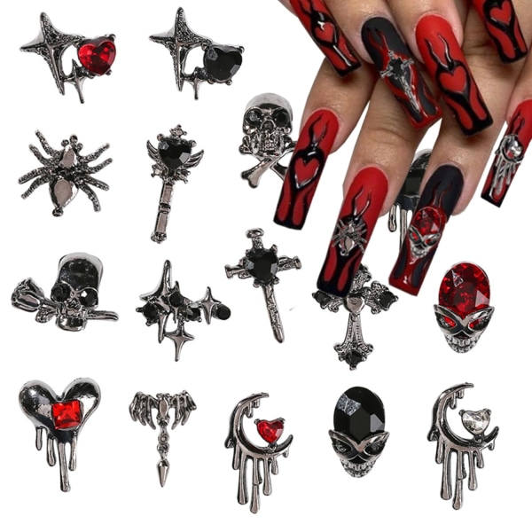 IC Halloween nageldekorationer för akrylnaglar 16 st 3D legering spindelskalle Halloween berlocker för nageldekoration Halloween nageltillbehör