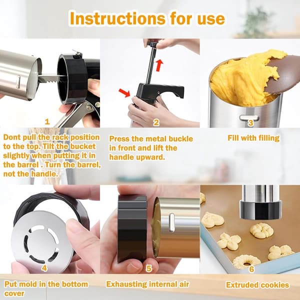 Kakekanonsett i rustfritt stål, 13 kakepressdisker og 8 glasurtupper, ergonomisk håndtak for baking av småkaker og kakepynting