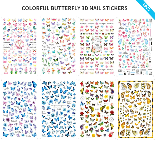 IC Butterfly Nail Art Tarrat Dekaler 3D självhäftande Nagel Dekaler Nail Art Supplies Färgglada Butterfly Flower Nageldekorationer