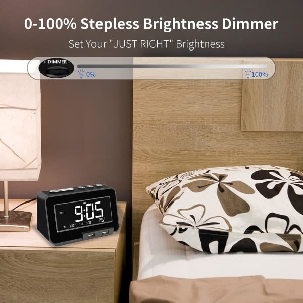 IC K5 Bluetooth-vekkerklokke-radio, USB-spiller, trinnløs dimmer, dobbelt separate alarmer med helgmodus, slumretimer, USB-C-lader, batteribackup