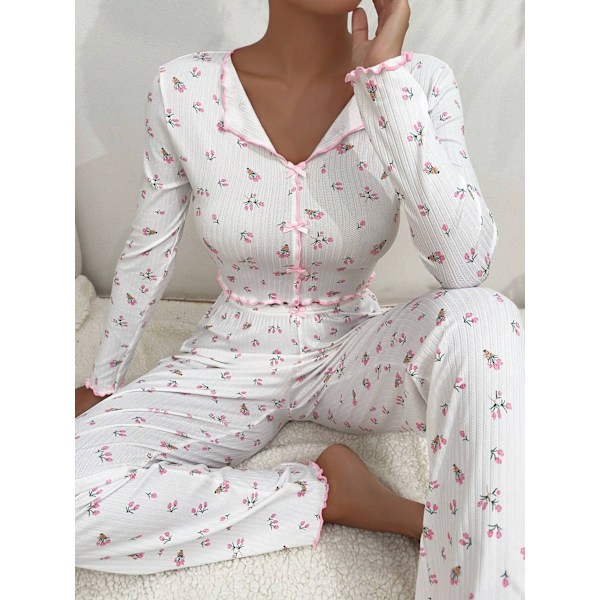 Kotiasu, rennot painetut housut, pitkät hihat, eurooppalainen ja amerikkalainen tyyli, ulkoiluvaatteet, naisten pyjama, kaksiosainen setti White floral background M