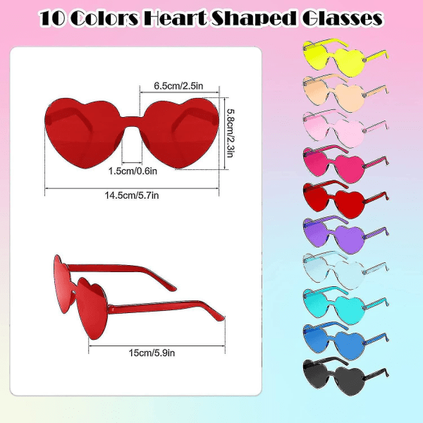 Hjerteformede solbriller 10 stk Rammeløse hjerte solbriller Kjærlighet Hjerteformede briller Transparente fargede hjertebriller Multipack Mote Funky Eyewear Fo Y